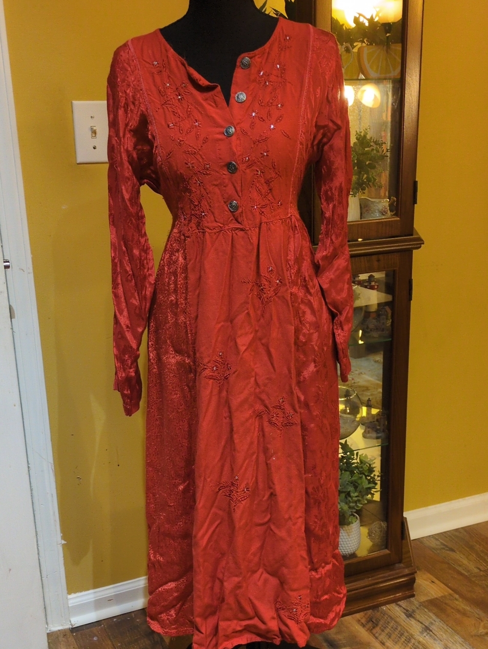 Orange Long-Sleeve Embroidered Boho Women’s Dress